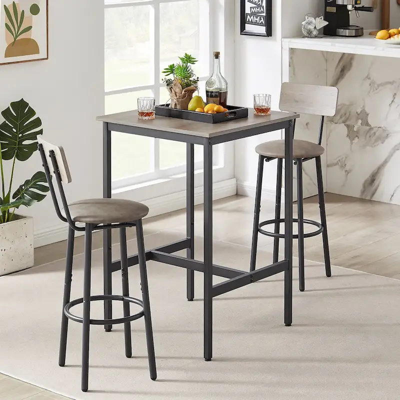 Mieres Industrial Style Rustic Farmhouse 3 Pieces Dining Table Set, Bar Table Set with 2 Bar Stools for Kitchen, Dining Room