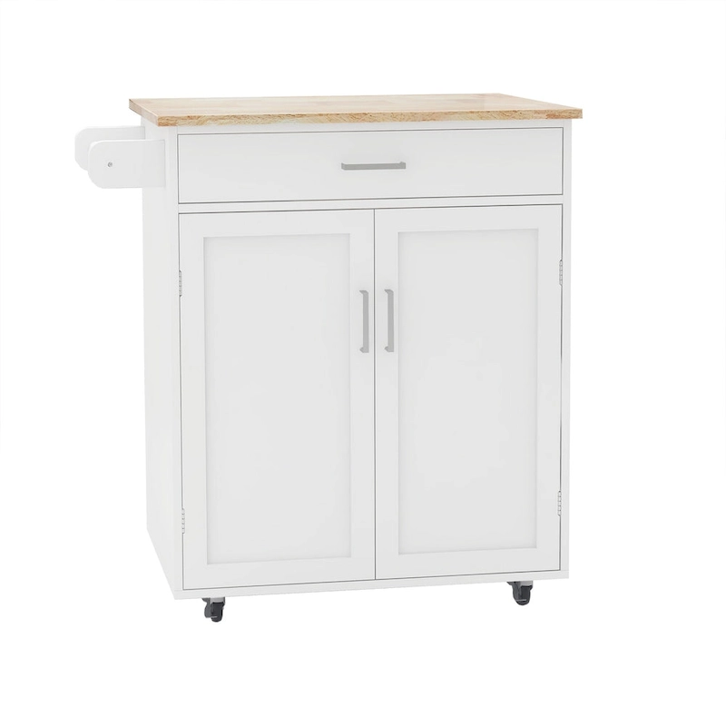 Rolling Kitchen Island Trolley Cart with Adjustable Shelves, Solid Wood Tabletop and Towel Rack