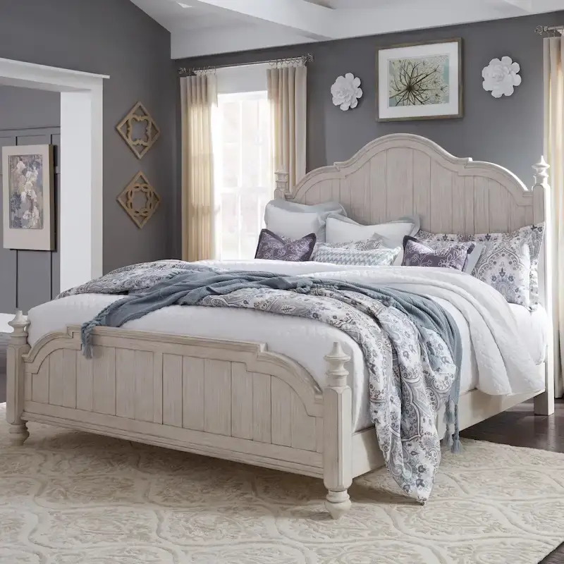 Antique White Queen Cottage-Style Poster Bed with Chestnut Tops - Fits 2 People