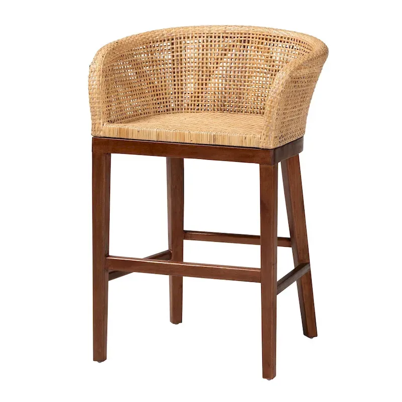 Papua Modern Bohemian Natural Rattan and Acacia Wood Counter Stool