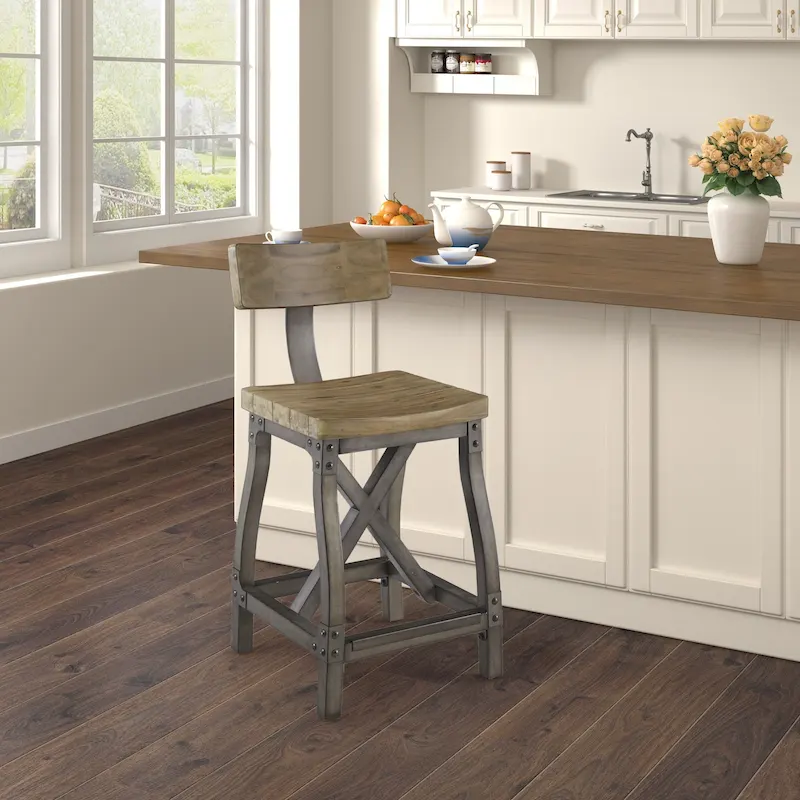 Amber/Oak Industrial Wood & Metal Counter Stool with Removable Back, 1-Person