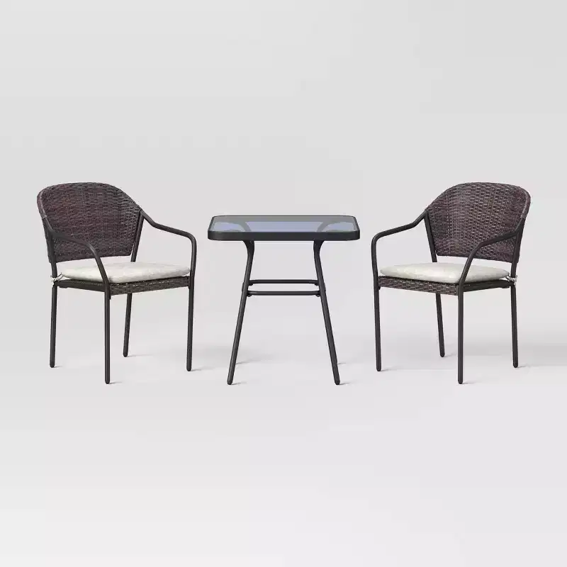 3pc Steel Rust Resistant Outdoor Patio Bistro Set with Cushions Dark Brown - Room Essentials™: Steel Frame, Tempered Glass Table