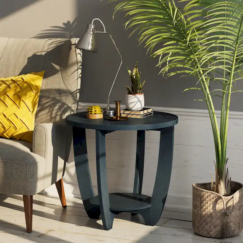 Rustic Farmhouse Round End Table with Storage Shelf, French Country Accent Side Table