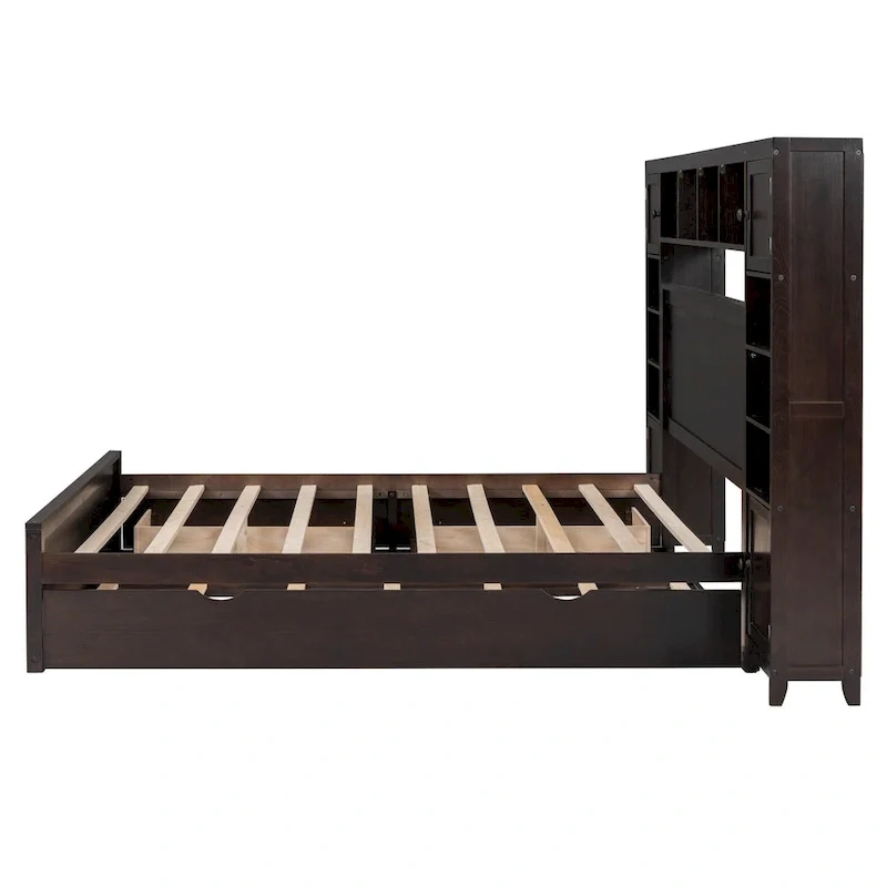 Modern Wooden Bed with Cabinet, Shelf, and Sockets