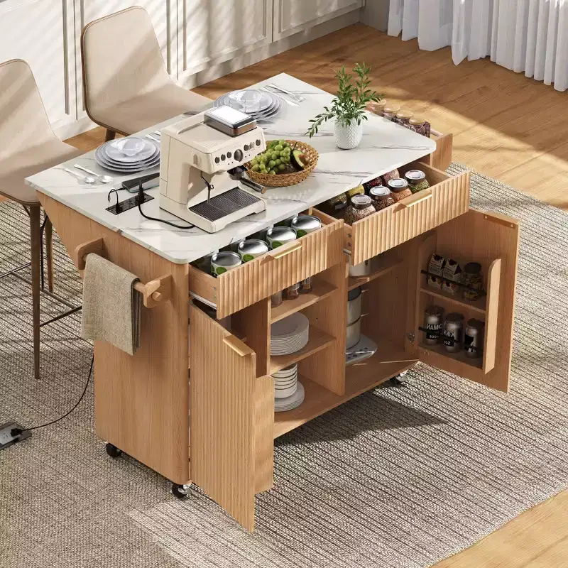 GDFStudio Lyla 52 Fluted Kitchen Storage Cart with Power Outlet, Rolling Island Table and Faux Marble Foldable Tabletop
