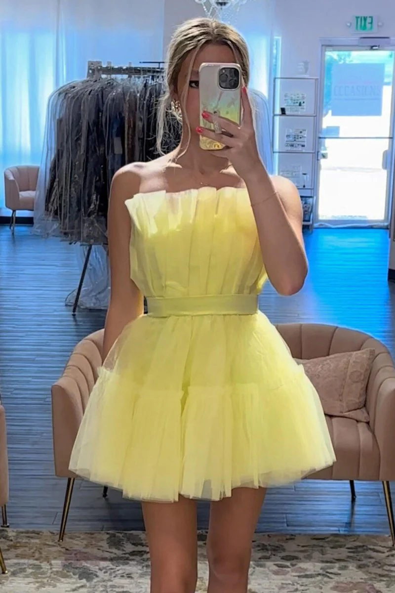 Yellow - Strapless A-Line Ruffles Tulle Homecoming Dress