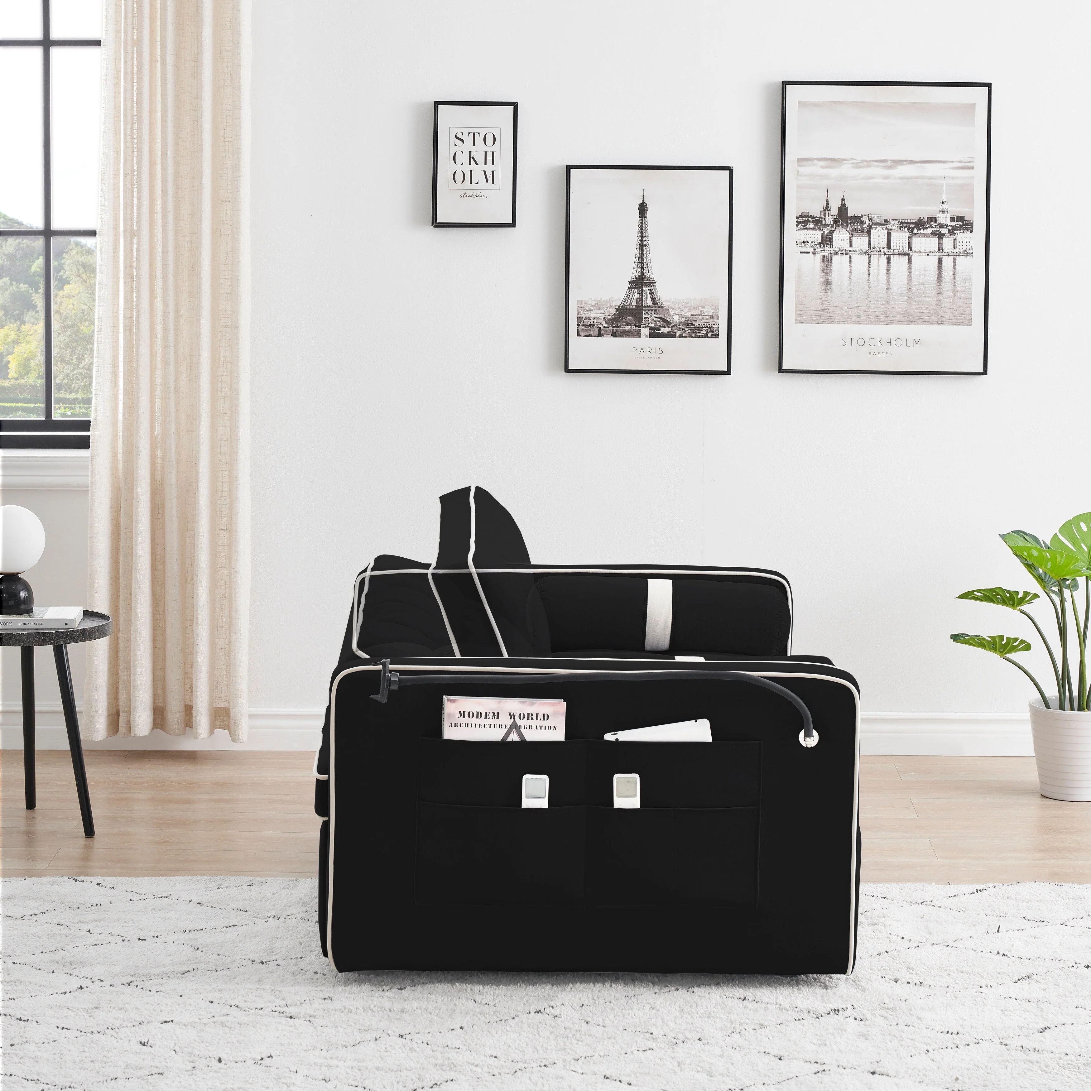 Velvet Convertible 55'' 2-Seater Sleeper Sofa with Pull-Out Bed, Adjustable Recline, Side Pockets, and Phone Holder