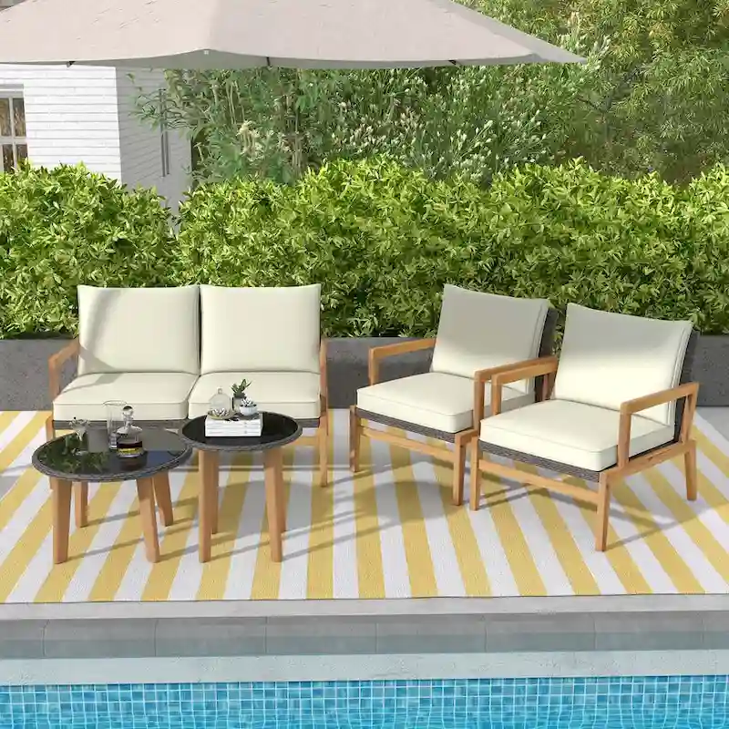 Costway 5 Piece Rattan Furniture Set Wicker Woven Sofa Set with Solid - See Details