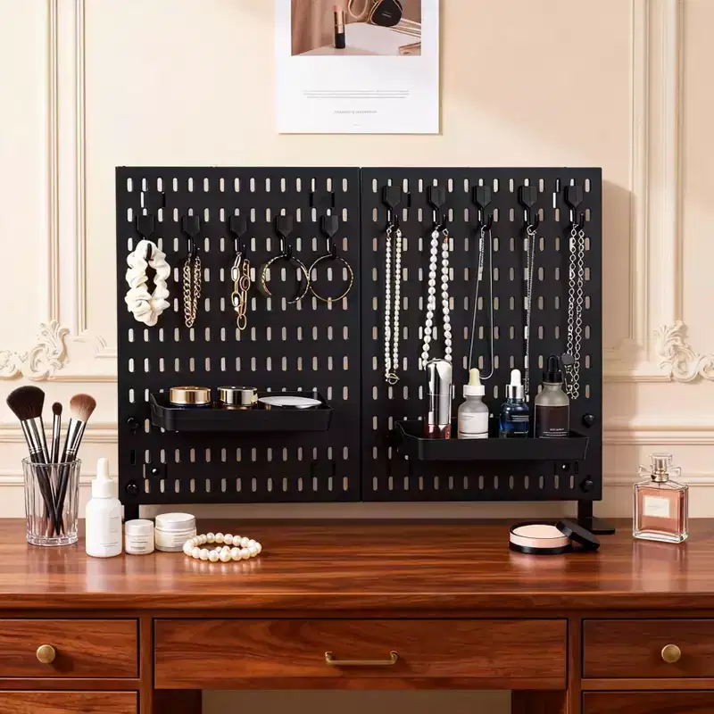 Tabletop Peg Board Organizer with 10 Hooks 2 Trays No Drilling Freestanding Portable Plastic for Office Home Dorm Apartment