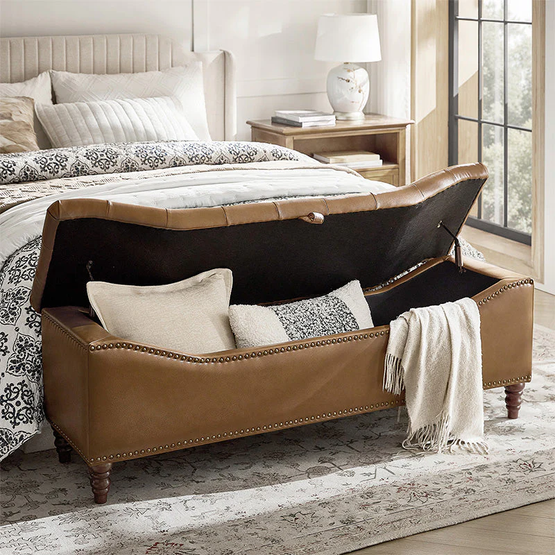 Faux Leather Button-Tufted Storage Bench with Arms, Nailhead Trim & Carved Baluster Wood Legs | Camel / Brown / Black / Navy | Single