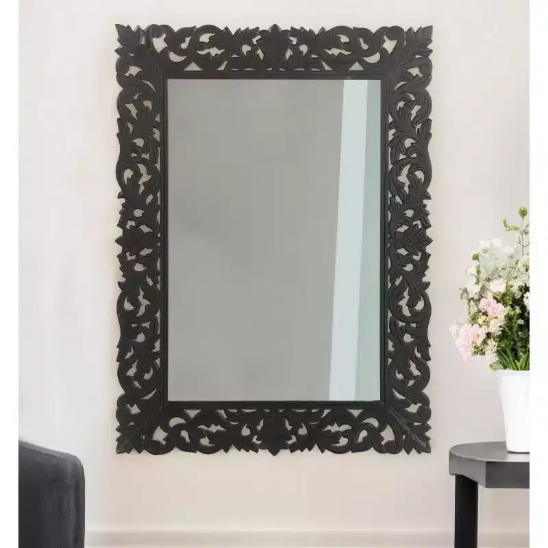 HomeRoots 47 Black Floral Carved Solid Wood Framed Accent Mirror