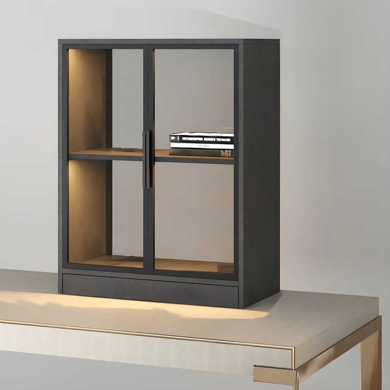 Square 2-Shelf Black Wooden Display Cabinet with Light