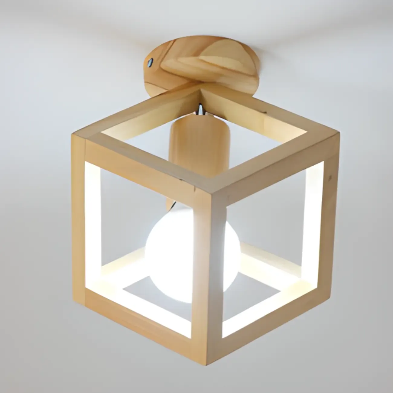 Natural Rubber Wood Cube Shade Semi Flush Ceiling Light