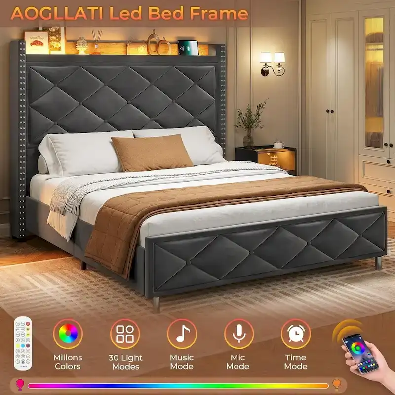 LED Bed Frame with 51.2 Tall Headboard Charging Station
