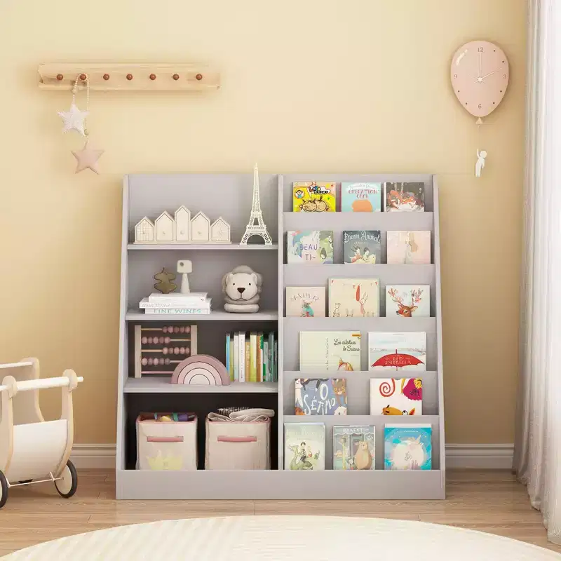Okak 4 Tier Multifunctional Kids Bookshelf Toy Storage Organizer,Wooden Kids Bookcase with Display Stand for Kids Bedroom,Playroom