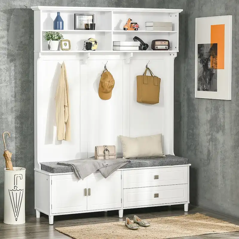 Modern Style Hall Tree with Storage, Free-Standing Clothing Rack with Storage Bench and Storage Cabinet and Drawers