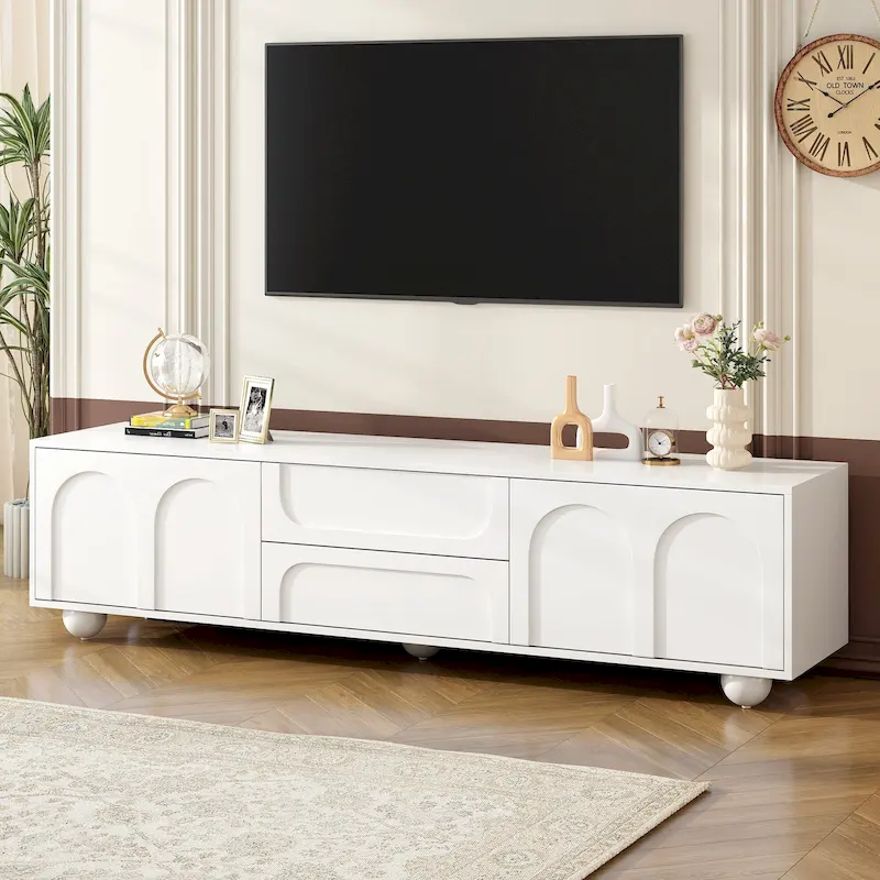 TV Stand with 2 Cabinets, 2 Drawers and 5 Round Legs, Fits TVs up to 75 Inches