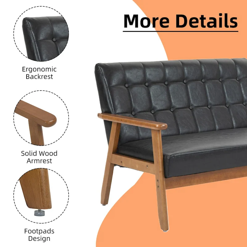 HOMEFUN Mid-Century Linen/PU Upholstered Wood Frame Tufted Loveseat Sofa