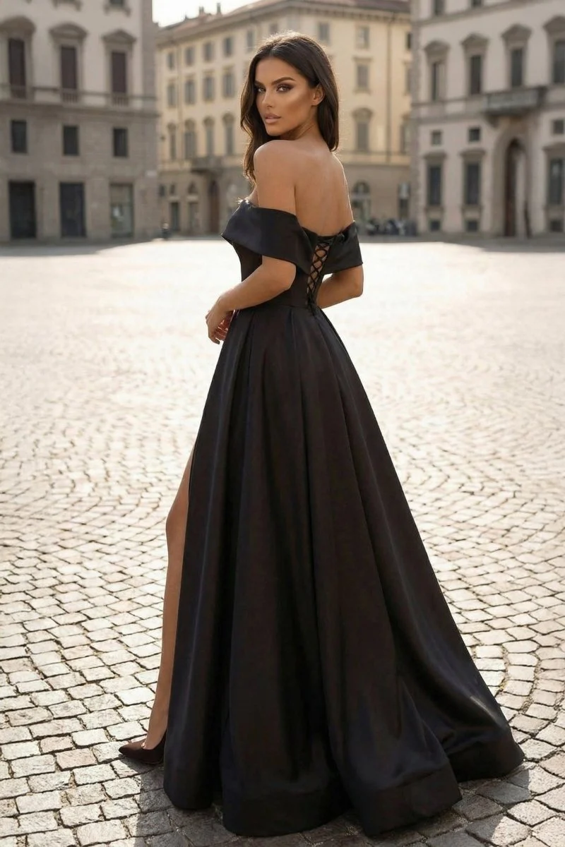 A-Line Prom Dresses Celebrity Style Dress Christmas Sleeveless Off The Shoulder Satin with Slit
