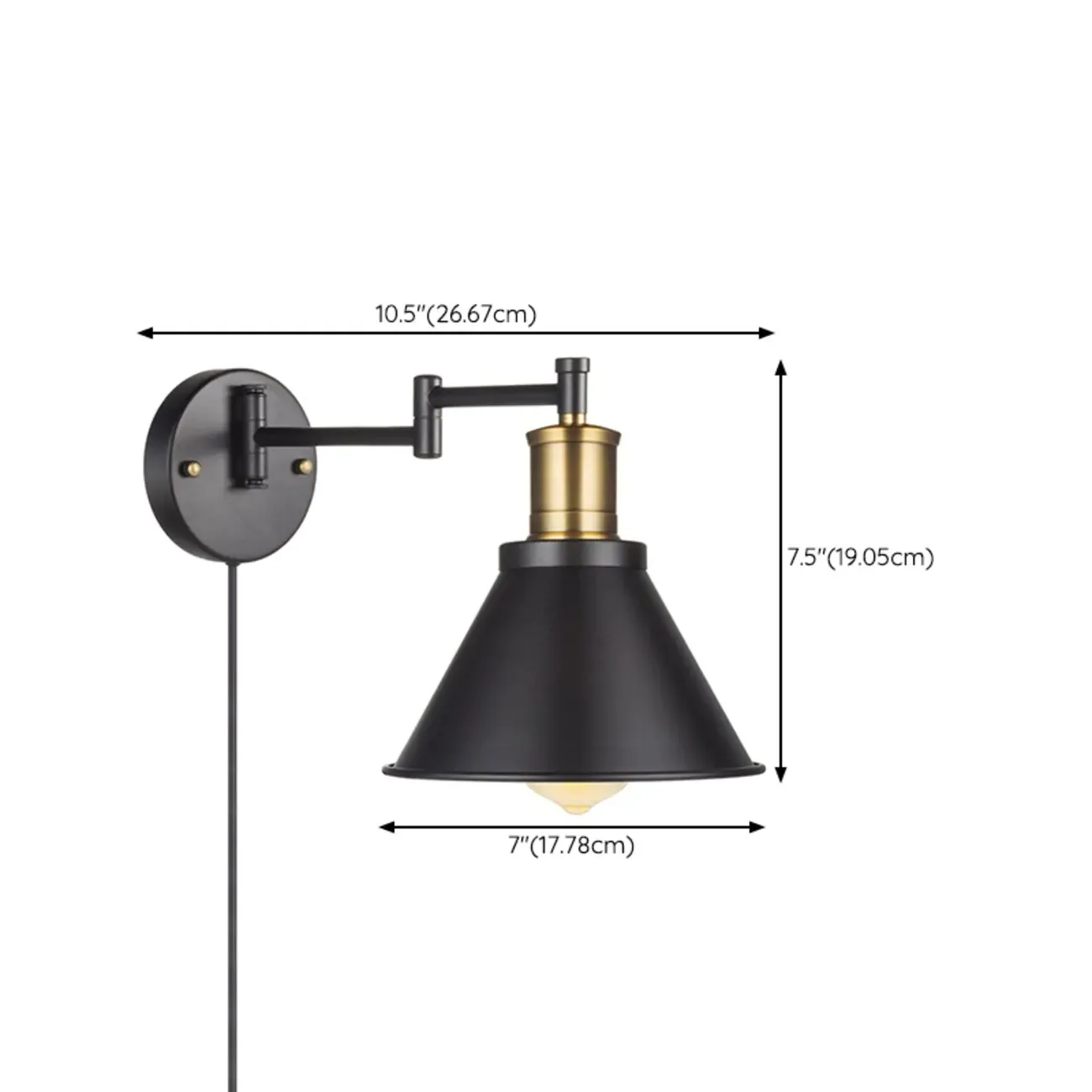 Washroom Stretchable Metal Cone Black Plug-In Vanity Light