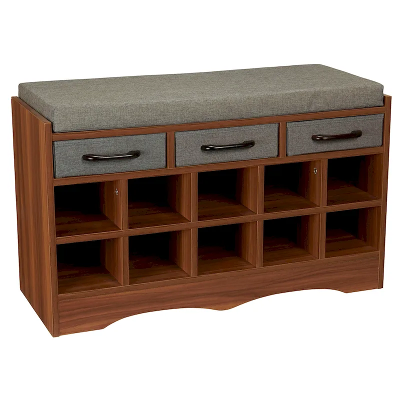 Storage Bench with 3 Drawers, 10 Shoe Compartments, and Cushioned Seat