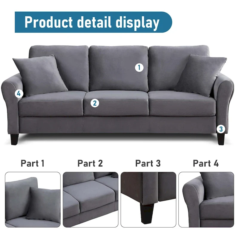 3-Seater Velvet Sofa with 2 Pillows, Black/White/Grey, Wood Frame, 3-Person