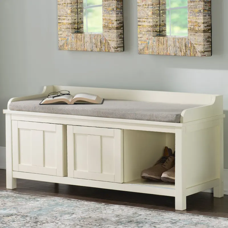White Metal/Wood Cushioned Storage Bench