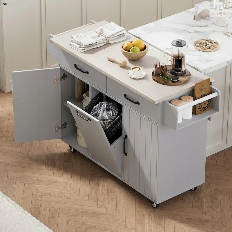 Kitchen Island with Trash Can Storage and Adjustable Shelf