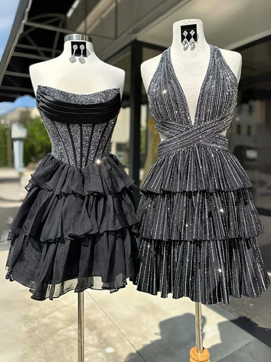 Black - Strapless A Line Chiffon Beaded Mini Party Dresses With Ruffles