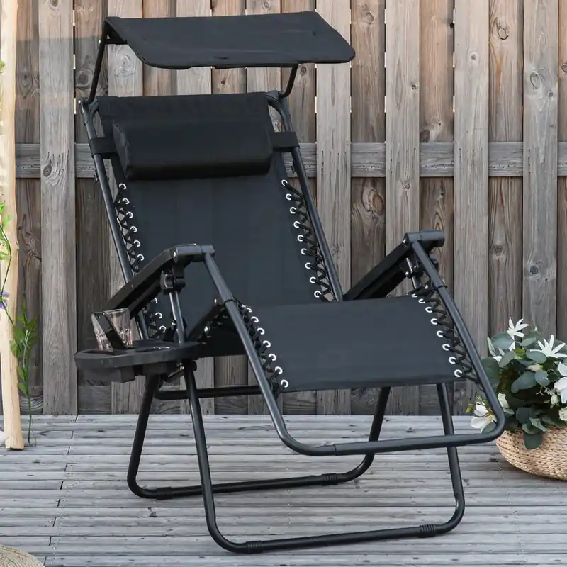 Foldable Zero-Gravity Lounge Chair with Canopy Shade, Side Tray & Cup Holder
