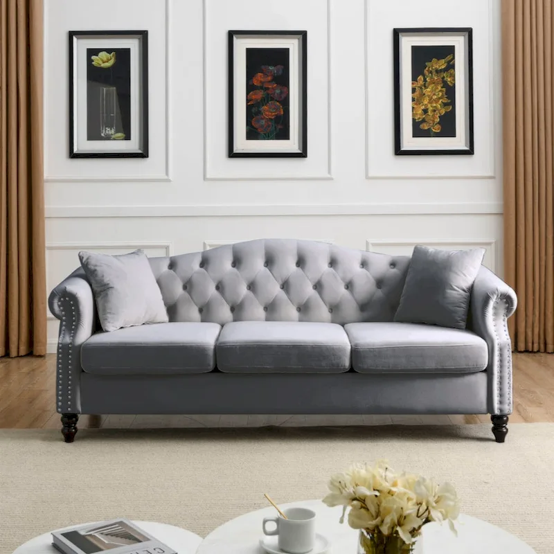 Velvet Chesterfield Sofa with Rolled Arms & Nailhead Trim – Grey / Beige, Button-Tufted, Seats 3