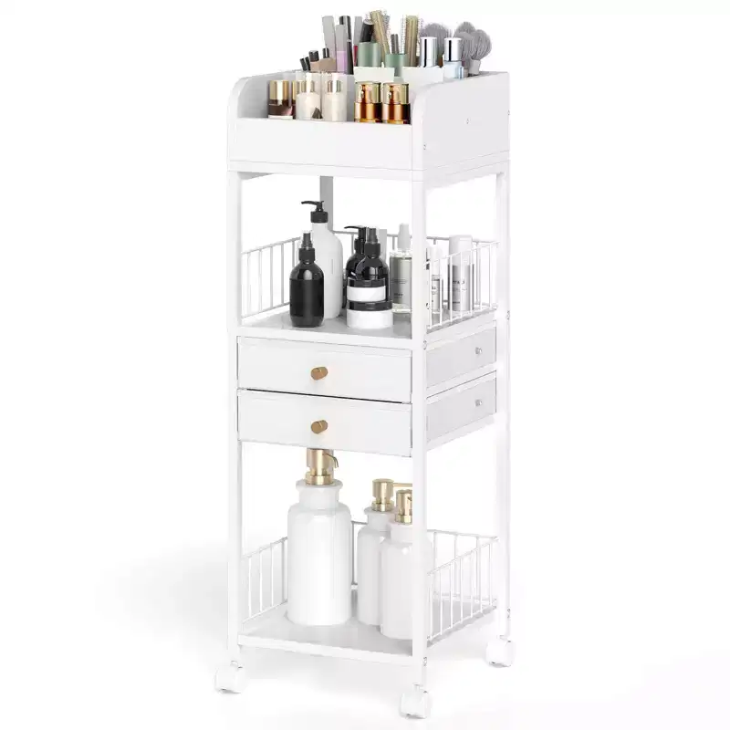 Costway Makeup Organizer Cart with 2 Storage Drawers & Lockable Wheels for Perfume, White