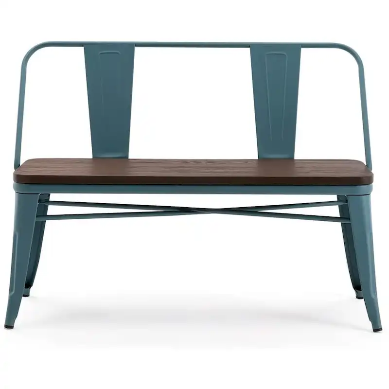 Dining Bench, Entryway Bench with Back, Farmhouse Metal Dining Bench, Industrial Mid-Century 3 Person Bench, Wood Seat