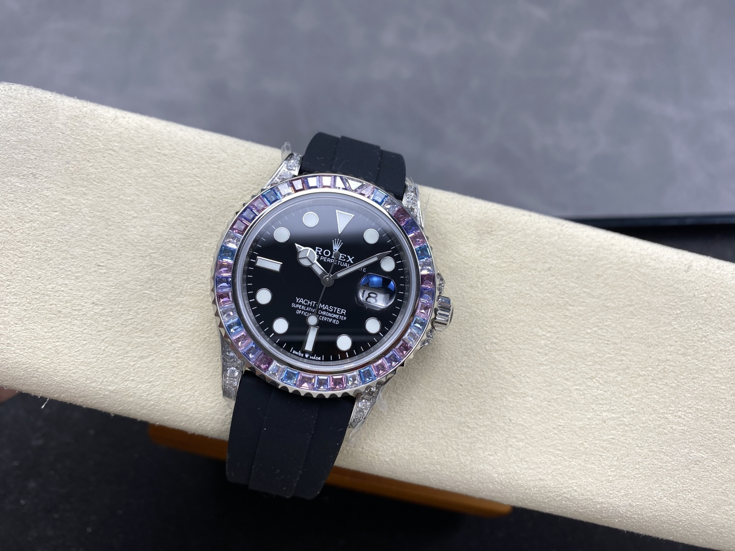 Rolex Yacht-Master super clone on display stand with Oysterflex strap