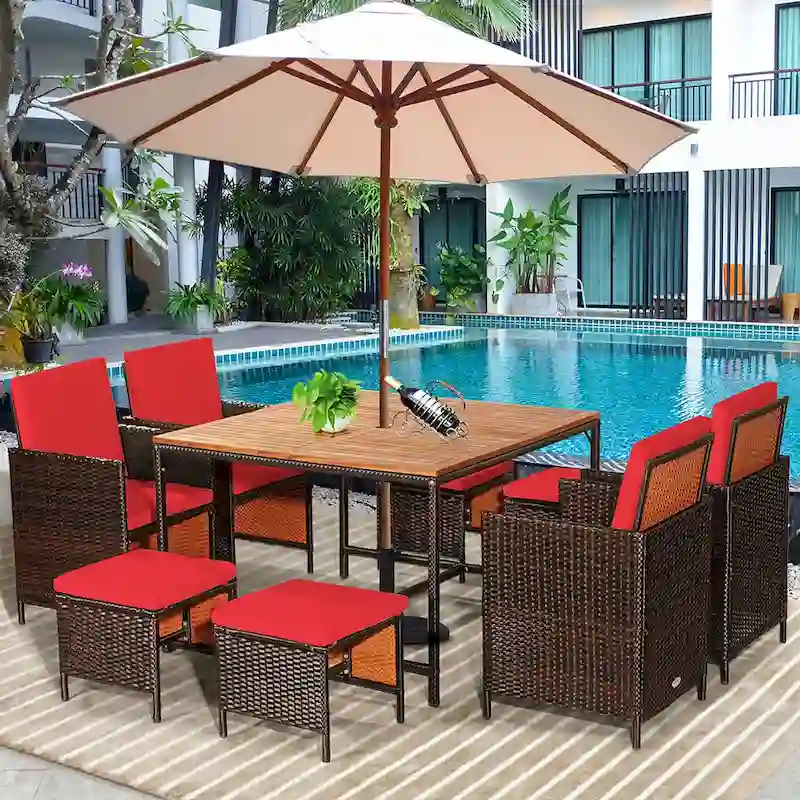 Costway 9PCS Patio Rattan Dining Set Cushioned Chairs Ottoman Wood - See Details