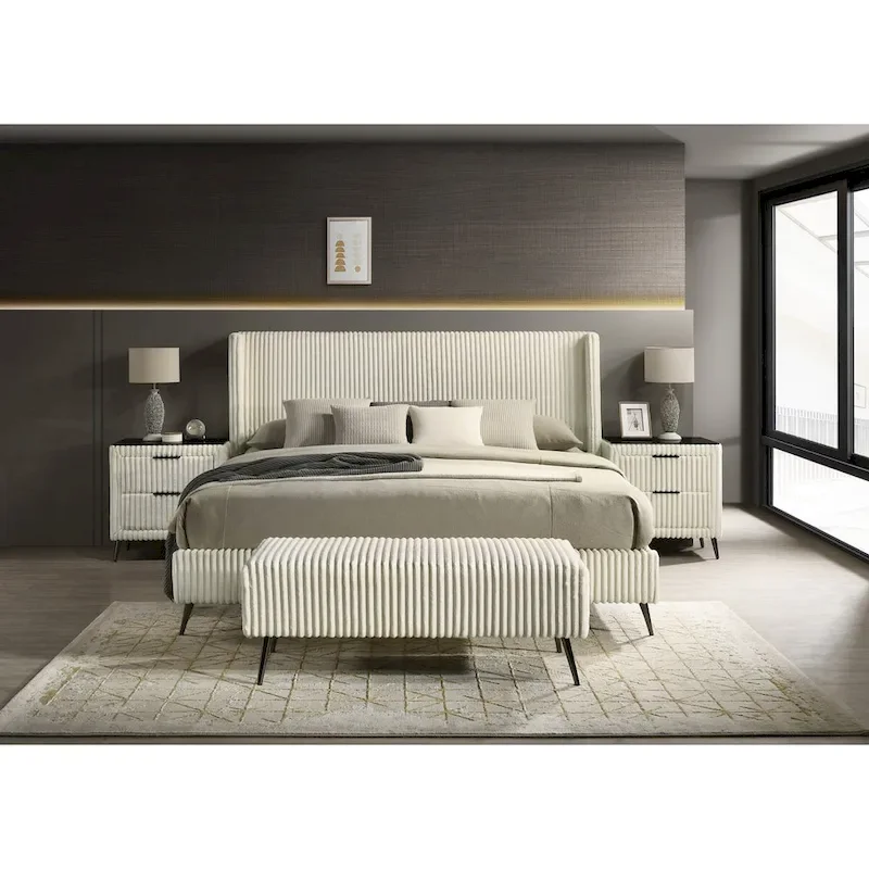 Wide Wale Corduroy Upholstered Panel Bed with 2 Nightstands and Bench - Cream