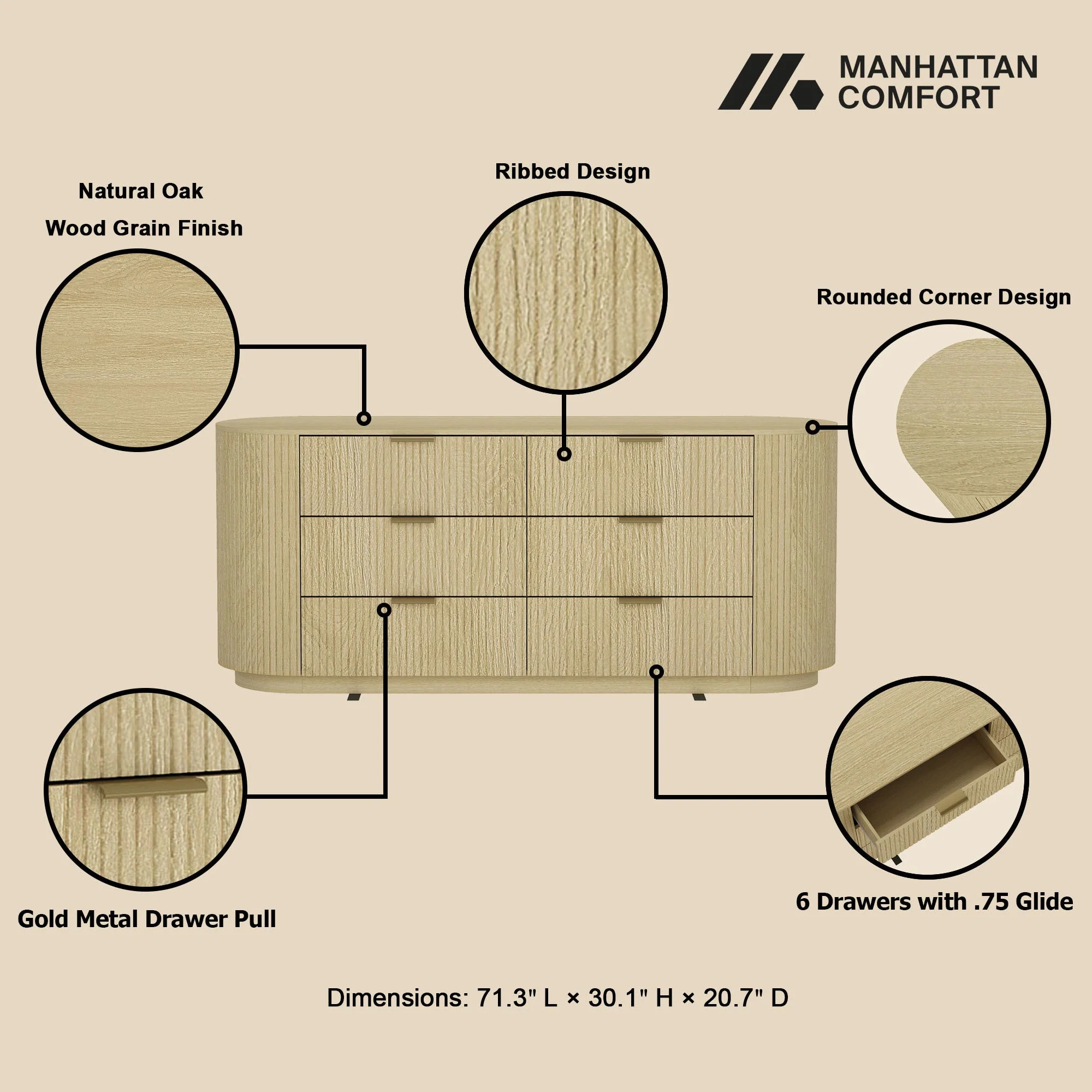 Olivia Fluted 71' 6-Drawer Dresser
