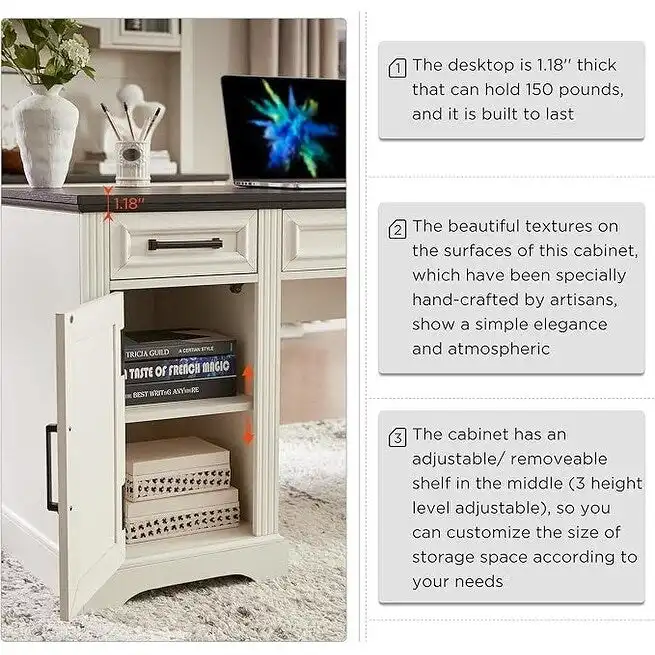 58  Large Computer Desk with Drawers, Embossed Texture Office Desk