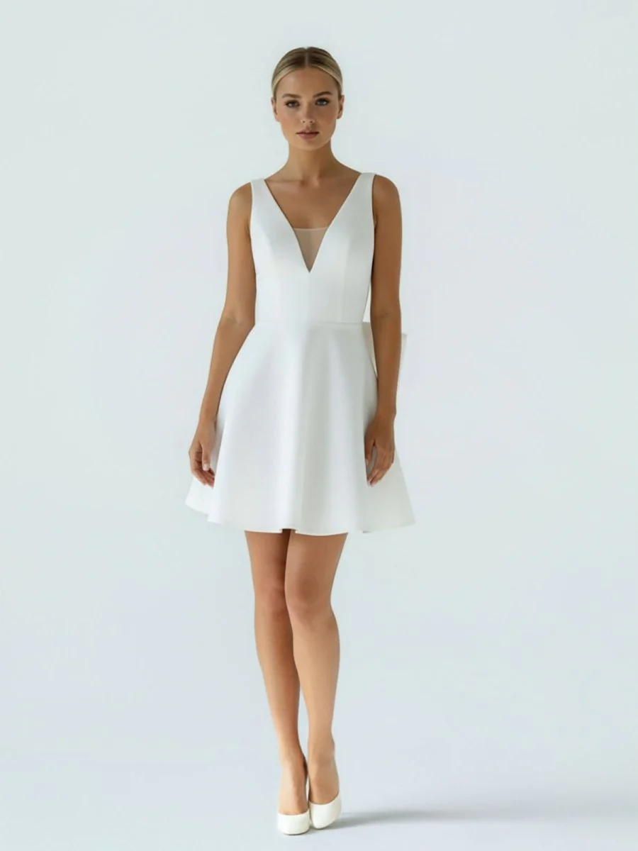 A-Line White Satin V-Neck Short Wedding Dress with Bow