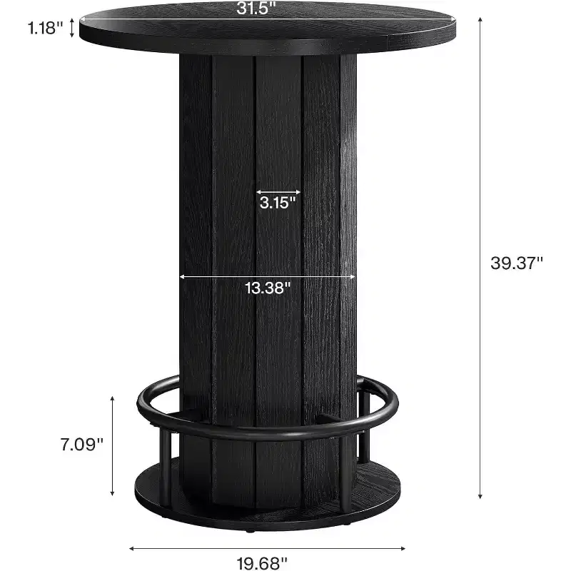 Lantine 39.4-Inch H Round Bar Table, Wood Bistro Pub Table with Metal Ring Footrest for Dining Coffee, Living Room, Small Space, Black, Only Table