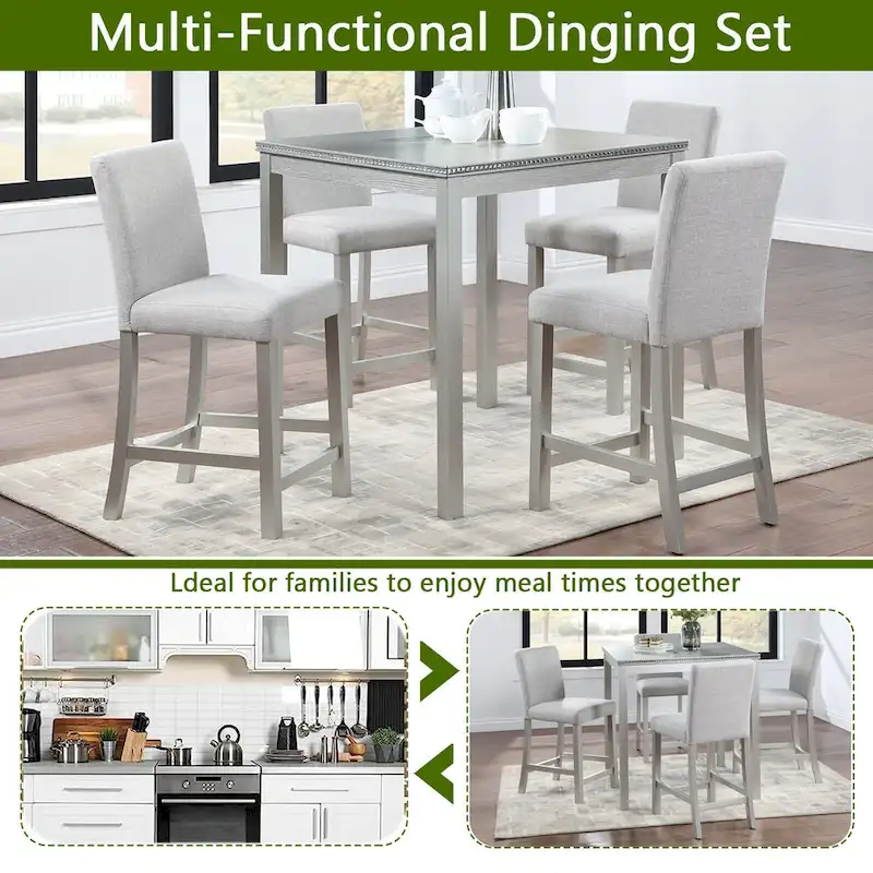 5 Pcs Counter Height Dining Table Set, Wooden Diningroom Furniture Set with Square Table and 4 Upholstered Chairs
