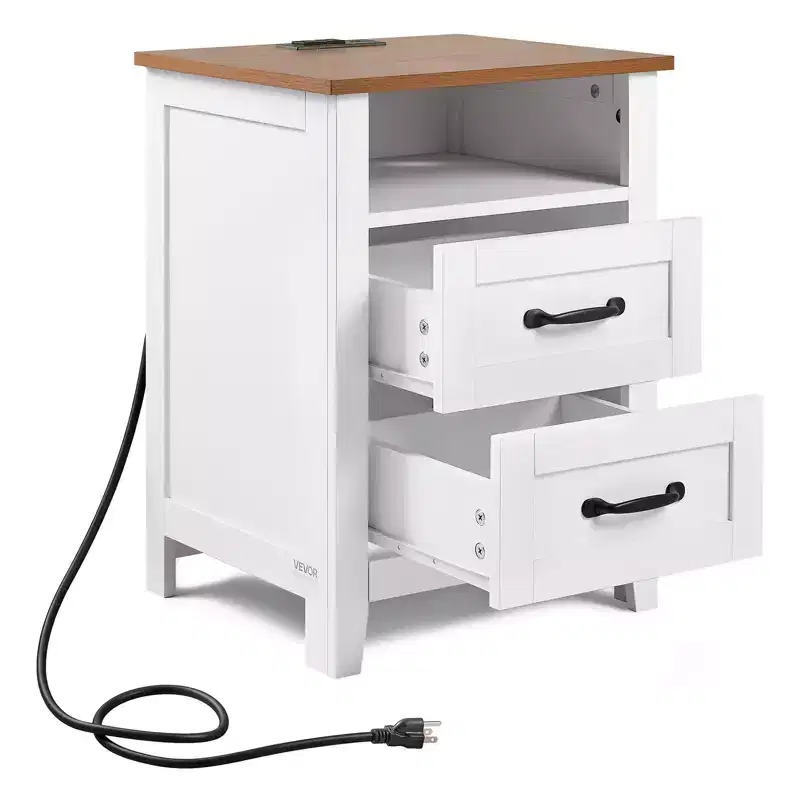 VEVOR Farmhouse Nightstand, with Charging Station, End Table with 2 Drawers and Open Shelf, Bedside Storage Cabinet,with USB Port and AC Outlets,White
