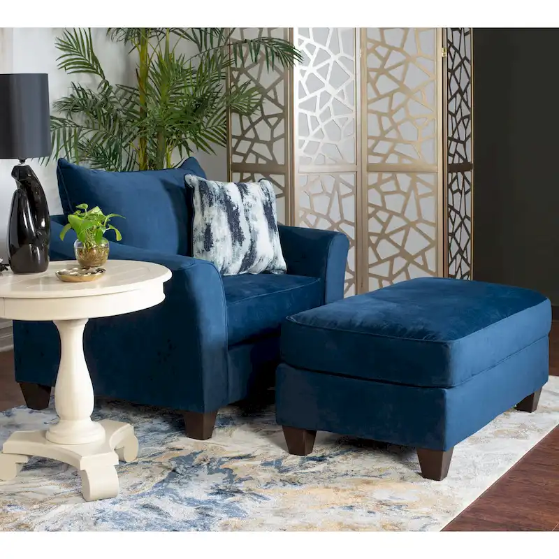 Upholstered chairs and footstools in navy blue