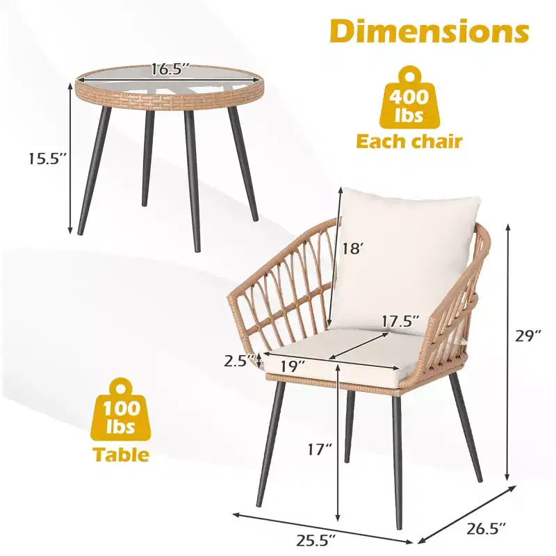 Costway 3PCS Patio Bistro Set with Soft Cushions, Tempered Glass Coffee Table & Metal Frame