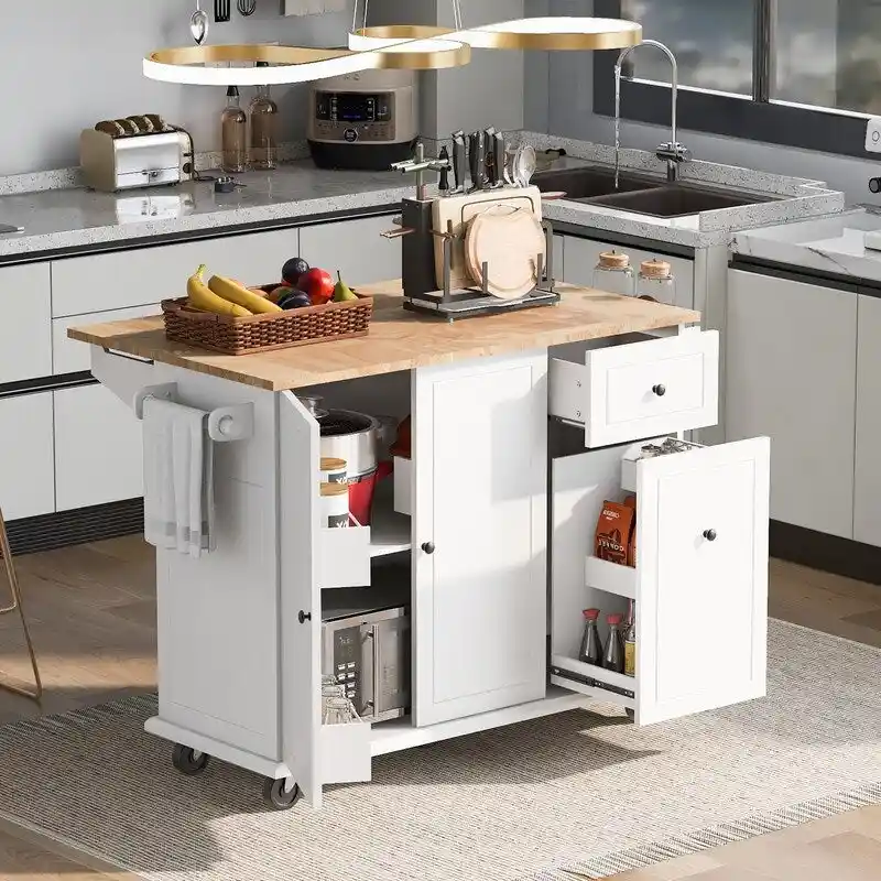 Kitchen Island with Drop Leaf, Rolling Kitchen Cart with Internal Storage Rack