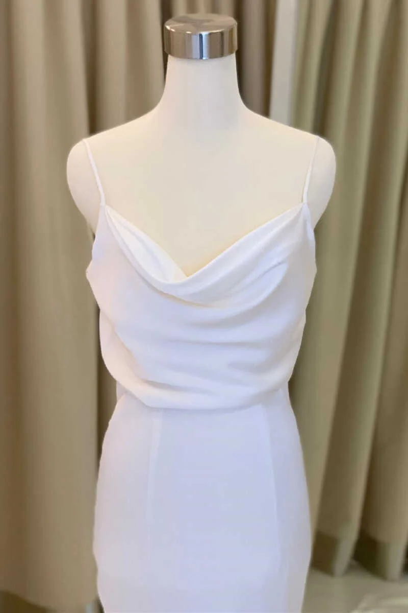 Mermaid Cowl Neck White Satin Long Wedding Dress