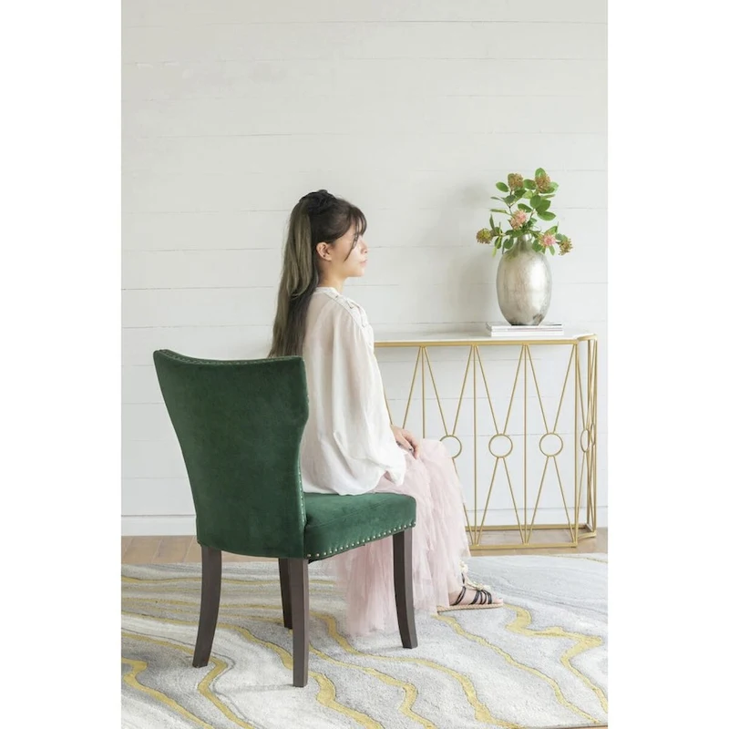 Velvet Armless Nail Head Wooden Dining Chairs 37 Green and Brown 2Ct