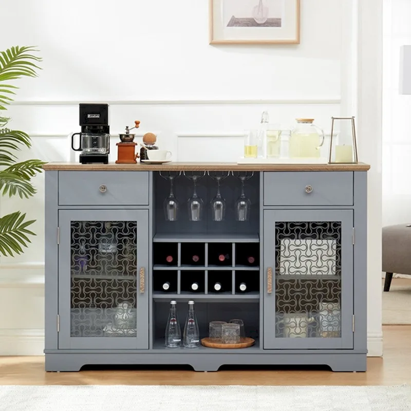Sideboard Bar Cabinet, 2 Drawers, 2 Glass Door Cabinets, Wine Glass Racks, 8 Bottle Slots, Cable Management, Modern Style, Light Blue / Light Oak, 1 Unit