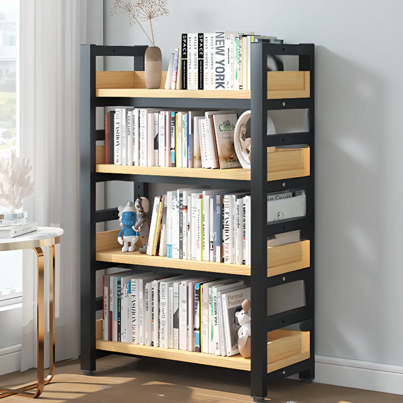 Freestanding Simple Multi-Layer Wood Bookshelf in Steel Frame