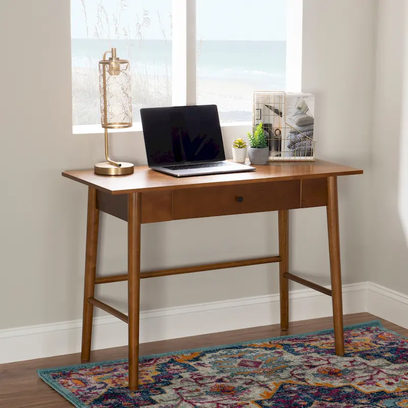Mid-Century Modern Writing Desk with Drawer – Brown / White, Angled Legs, 1 Person